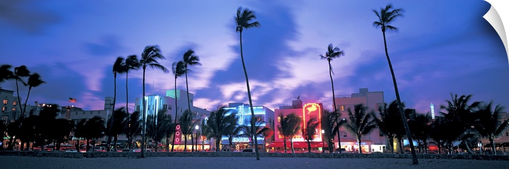 Ocean Drive illuminated by neon lights at night and palm trees blowing in the wind off the ocean in this panoramic photogr...