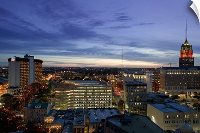 Buildings lit up at dusk, Tower Life Building, San Antonio, Texas