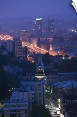 Buildings lit up at night in a city, Sarajevo, Bosnia and Hercegovina