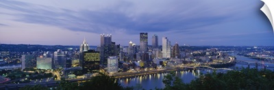 Buildings lit up at night, Monongahela River, Pittsburgh, Pennsylvania