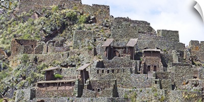 Buildings on a hill, Pisac, Sacred Valley of the Incas, Andes Mountains, Urubamba Valley, Cuzco, Peru