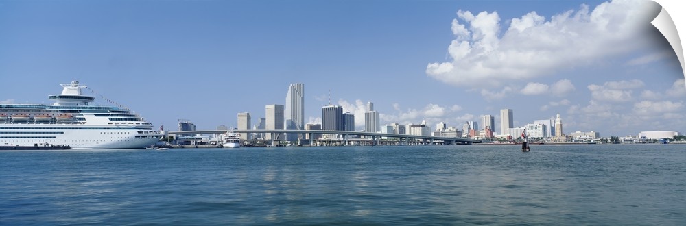 Panoramic view of Miami Florida's Biscayne Bay waterfront with ship on the water.