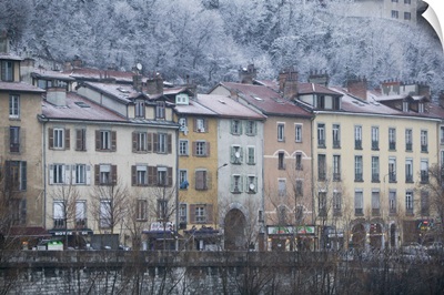 Buildings on the waterfront, Isere River, Grenoble, French Alps, France