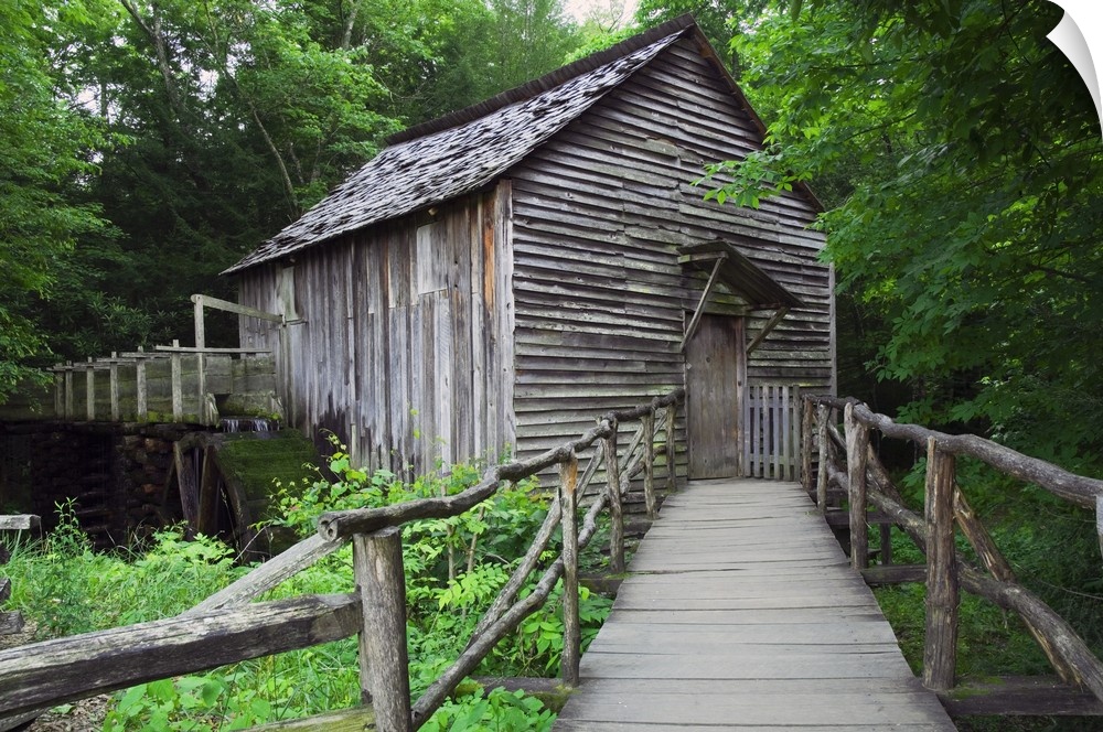 Picture taken of an old mill that has a small bridge path leading up to and is surrounded by lush green trees and foliage.