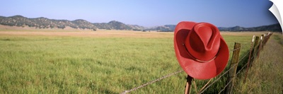 California, Red cowboy hat hanging on the fence