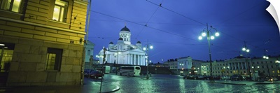 Cathedral lit up at dusk, Lutheran Cathedral, Senate Square, Helsinki, Finland