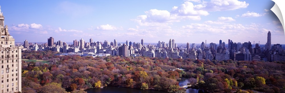 View from a skyscraper of the forests in Central Park in autumn, surrounded by the tall city buildings of New York.