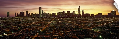 CGI composite, High angle view of a city at night, Chicago, Cook County, Illinois,