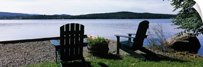 Chairs at the lakeside, Raquette Lake, Adirondack Mountains, New York State,