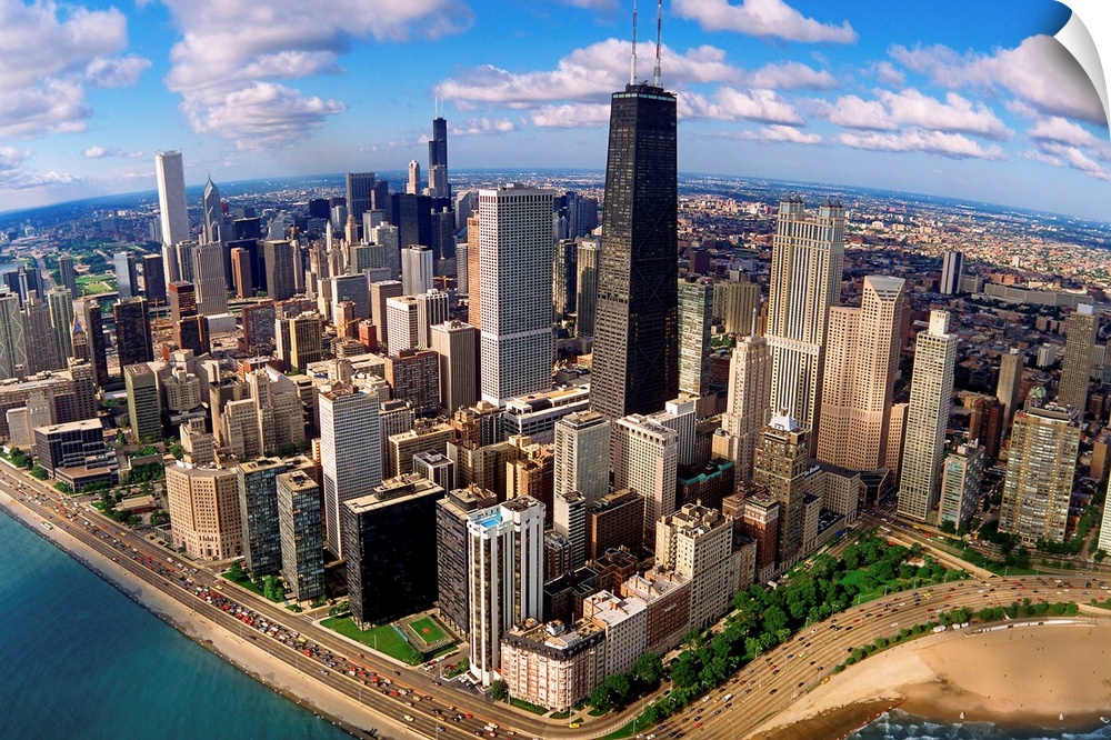 A high angle landscape photograph viewing downtown Chicago taken from over Lake Michigan.