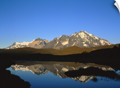 Chile, Torres Del Paine National Park, Panoramic view of a mountain range around a lake