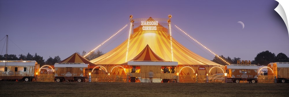 Circus lit up at dusk, Circus Narodni Tent, Prague, Czech Republic