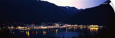 City lights on harbor, dusk, Juneau, Alaska