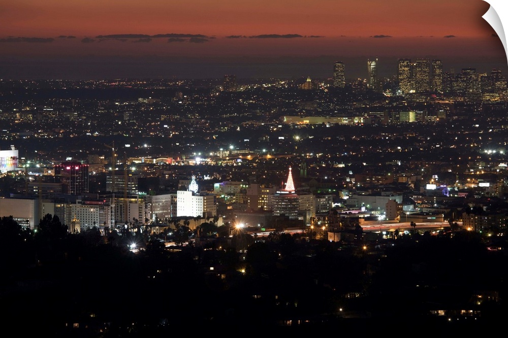 City lit up at dusk, Hollywood, Los Angeles, California, USA