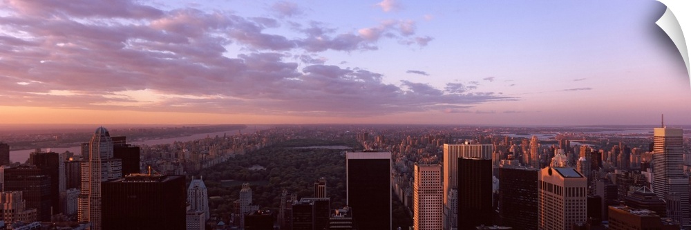 Panoramic photograph of the New York City skyline showing Central Park just behind the buildings in the foreground.