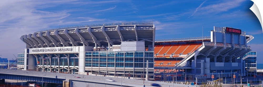 Panoramic photograph on a sunny day displays FirstEnergy Stadium from the National Football League.  The intricate archite...