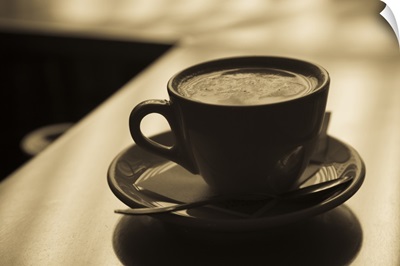 Close up of a cup of cappuccino, Lugano, Lake Lugano, Ticino, Switzerland