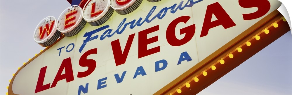 Panoramic photo of a close up of the classic Las Vegas sign.