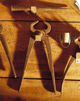 Close-up of hand tools hanging on a wooden plank, Germany