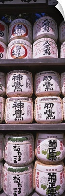 Close-up of saki barrels, Kamakura, Japan