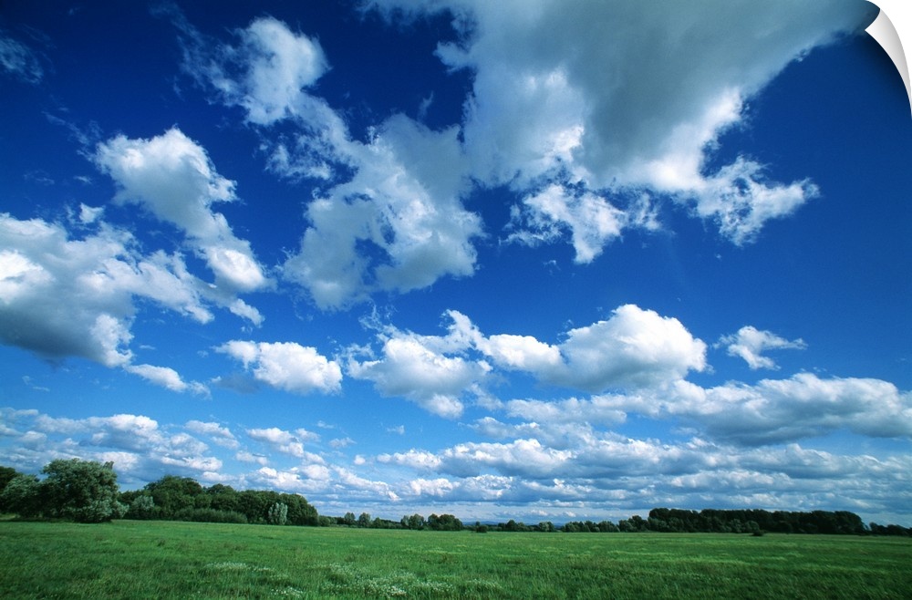 Large clouds float in the sky over a vast green field with trees far off in the distance.