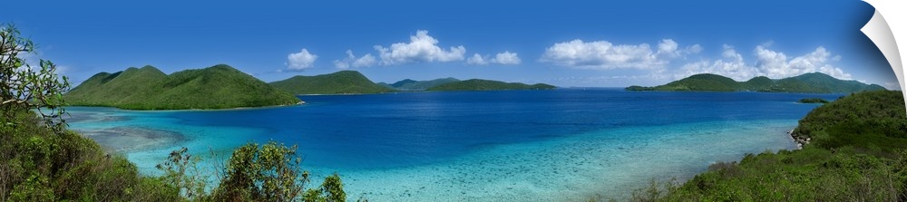 Panoramic of the Leinster Bay in the US Virgin Islands on a bright, sunny day.