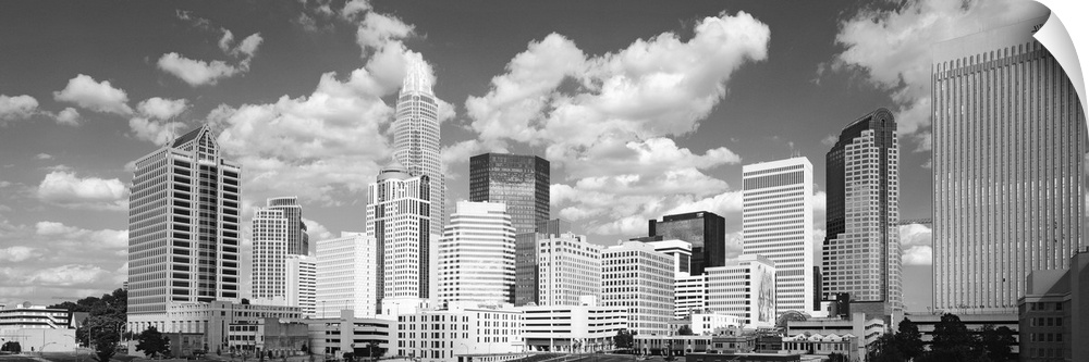 Black and white photograph of the city skyline of Charlotte, North Carolina.