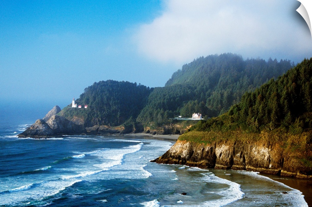 This landscape photograph shows waves striking against rocky sea cliffs covered with conifer trees on the Oregon coast.