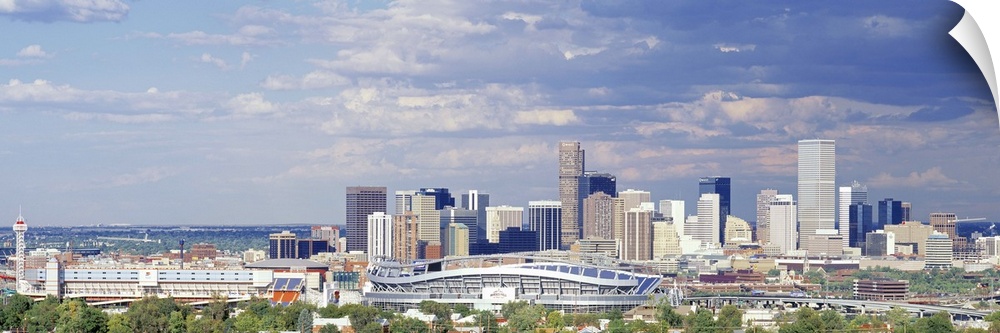Panoramic view of clouds approaching Denver, CO's Invesco Stadium.