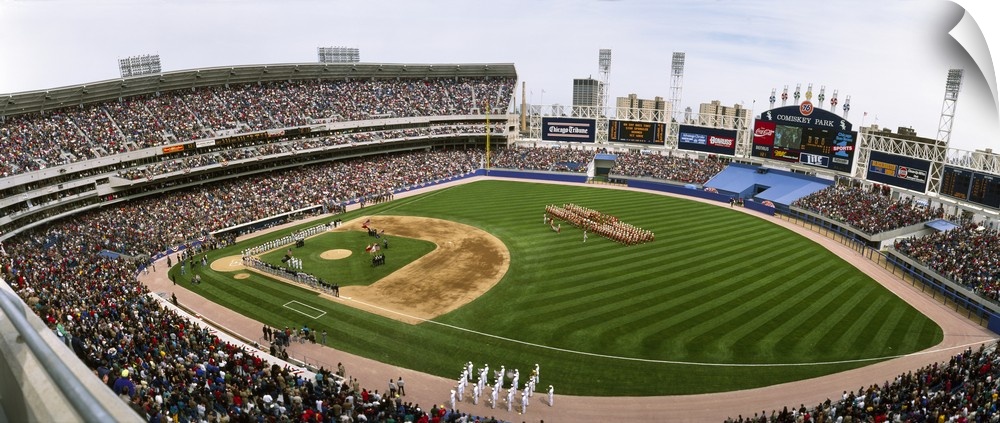 Large image print of a packed baseball stadium in Illinois with a game about to start.