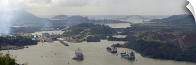 Container ships in a canal, Miraflores, Panama Canal, Panama