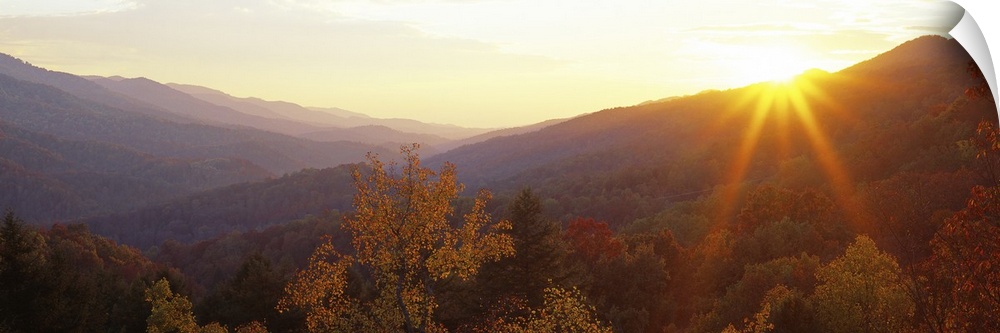 This decorative wall art is a panoramic photograph of the Appalachian Mountains in Kentucky at sunset.