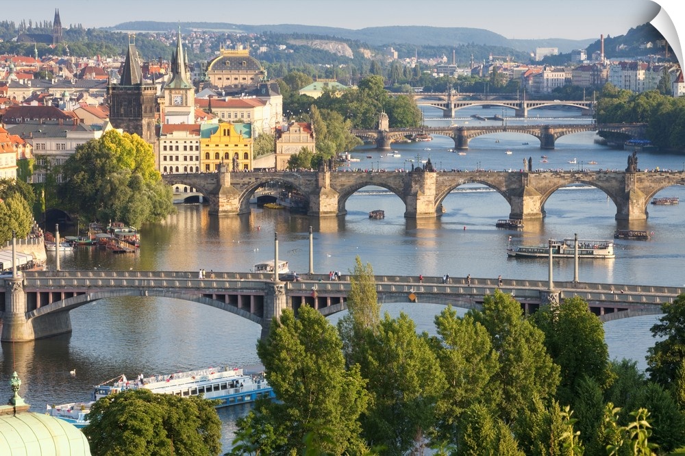 Czech Republic, Prague, Bridges over Vltava River and Boat Traffic.