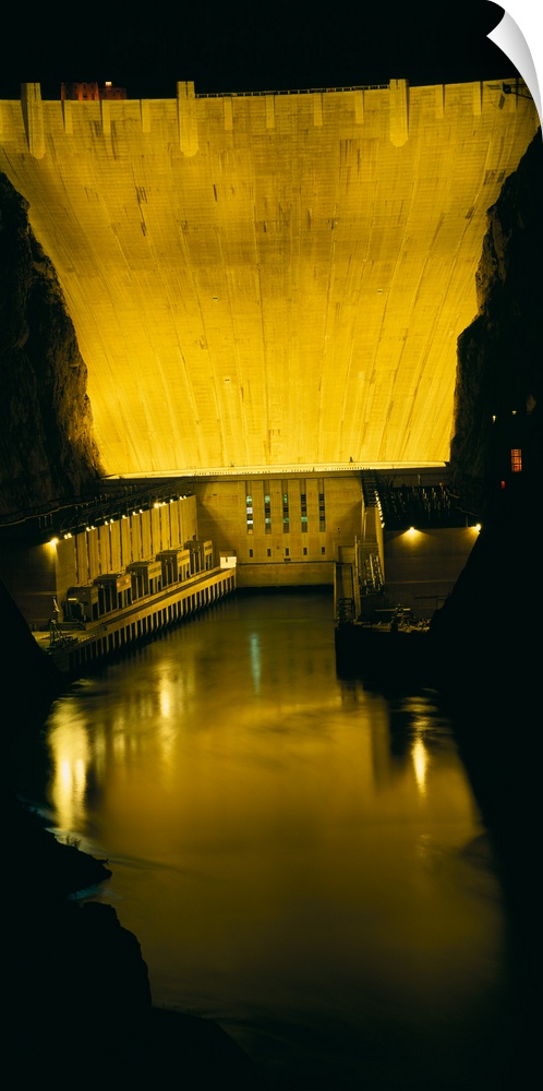 Dam lit up at night, Hoover Dam, Lake Mead, Colorado River, Nevada, Arizona