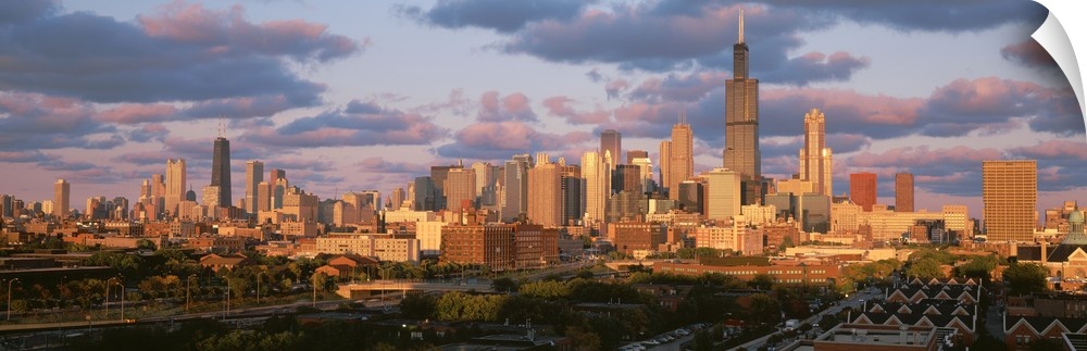 Panoramic photograph of the Chicago Skyline as sunset in Chicago, Illinois.