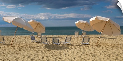 Deck chairs and beach umbrellas on the beach, Jetties Beach, Nantucket, Massachusetts
