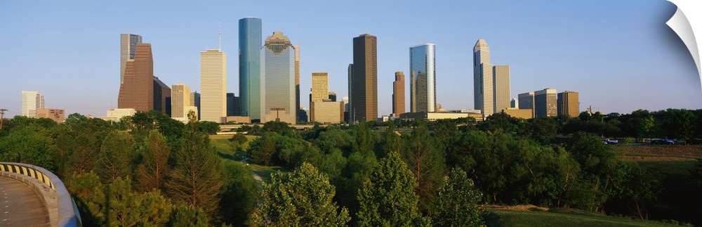 Skyscrapers in the Houston skyline are photographed from a distance with large trees in the foreground.
