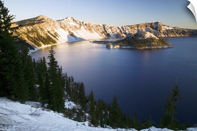 Dusting of snow over Crater Lake and Wizard Island, Crater Lake National Park, Oregon