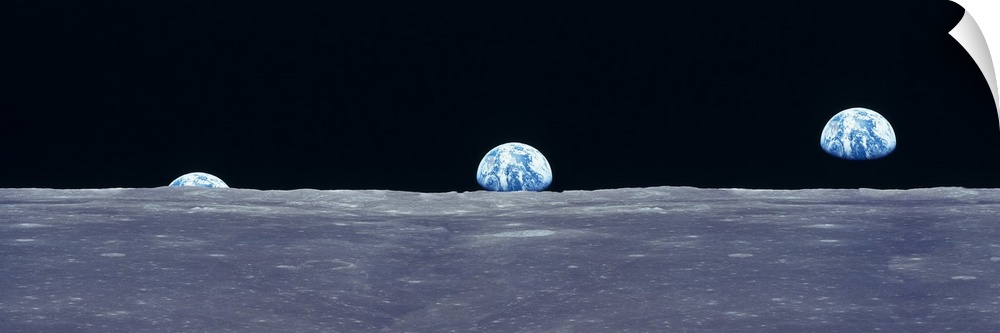 Composite image from the surface of the moon of three photos of the planet Earth rising over the horizon.