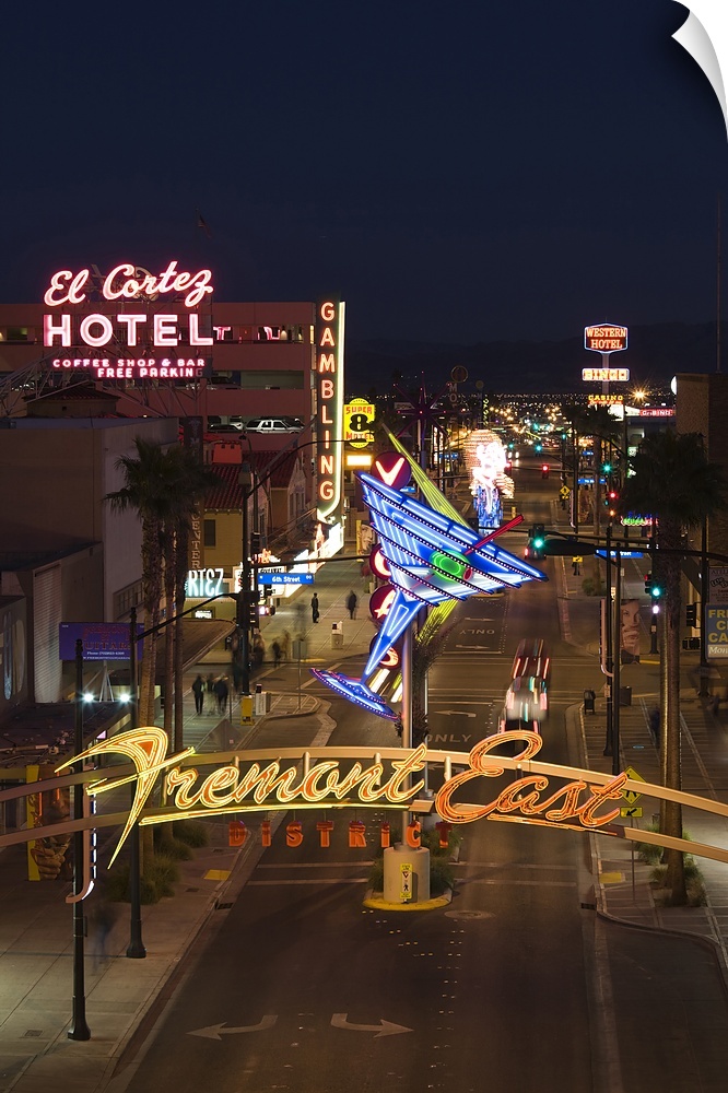 Bright neon lights at night in the Fremont East District in Las Vegas, Nevada.