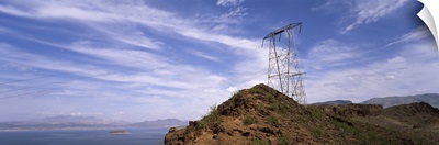 Electricity pylon on the coast, Lake Mead, Arizona