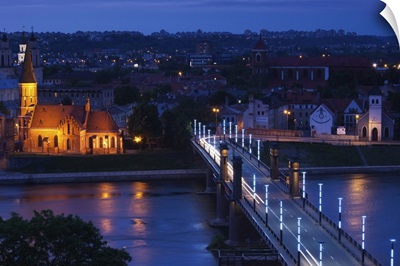 Elevated view of Vytautas Church and Aleksoto tiltas bridge at dusk, Kaunas, Lithuania