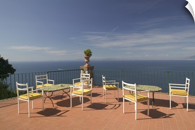 Empty tables and chairs on the balcony of a hotel, Ceasar Augustus Hotel, Anacapri, Capri, Bay Of Naples, Campania, Italy