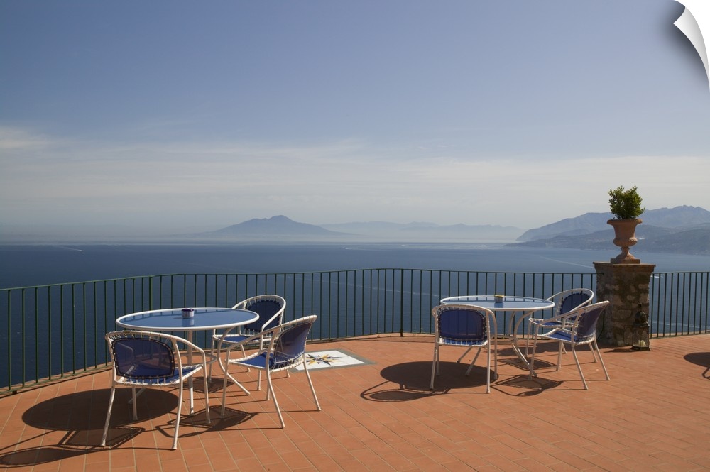 Empty tables and chairs on the balcony of a hotel, Ceasar Augustus Hotel, Anacapri, Capri, Bay Of Naples, Campania, Italy
