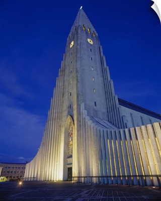 Facade of a church at dusk, Hallgrimskirkja, Reykjavik, Iceland