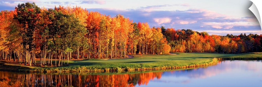 Panoramic wall art, photograph of autumn trees reflecting in still waters.