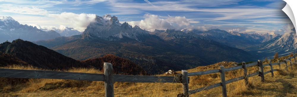 Fence with a mountain range in the background, Mt Rite, Dolomites, Cadore, Province of Belluno, Veneto, Italy