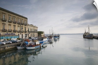 Fishing boats docked at a harbor, Ortygia, Siracusa, Sicily, Italy
