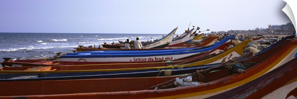 Fishing boats on the beach, Marina Beach, Chennai, Tamil Nadu, India
