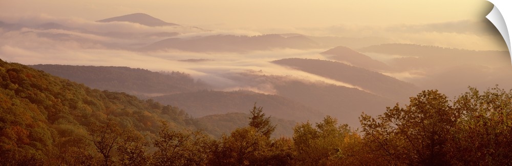 View from the Blue Ridge Parkway of a foggy sunrise over a mountain range in North Carolina.